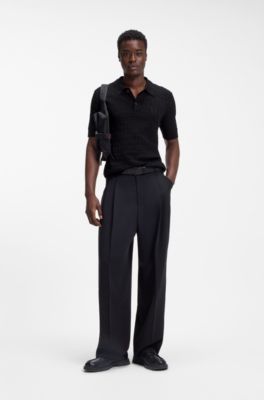 Knitted-cotton sweater with polo collar, Black