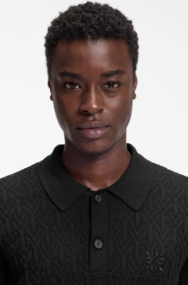 Pull en coton tricot&eacute; &agrave; col polo, Noir