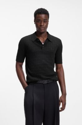 Knitted-cotton sweater with polo collar, Black