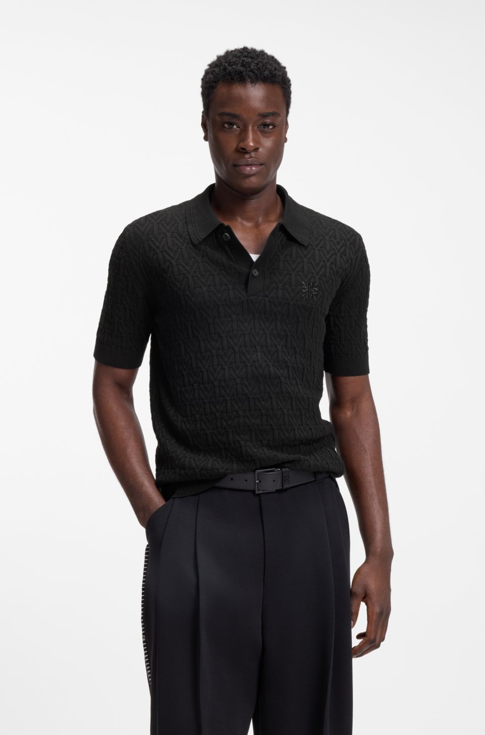 Knitted-cotton sweater with polo collar