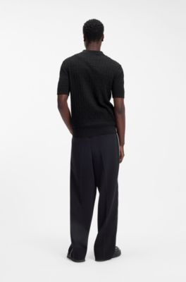 Knitted-cotton sweater with polo collar, Black