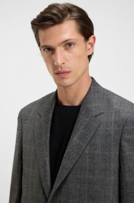 Relaxed-fit suit jacket in checked stretch wool, Grey Patterned