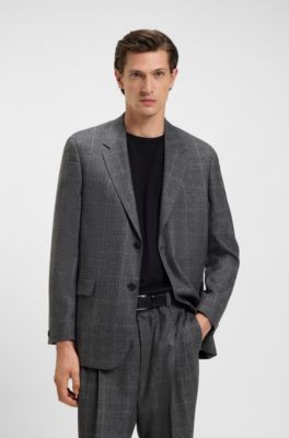 Relaxed-fit suit jacket in checked stretch wool, Grey Patterned