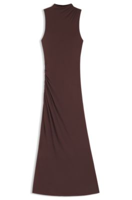 Slim-fit jersey dress with gathered details, Dark Brown
