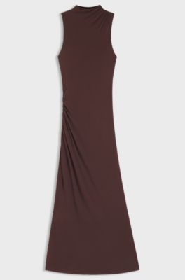 Slim-fit jersey dress with gathered details, Dark Brown