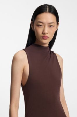 Slim-fit jersey dress with gathered details, Dark Brown