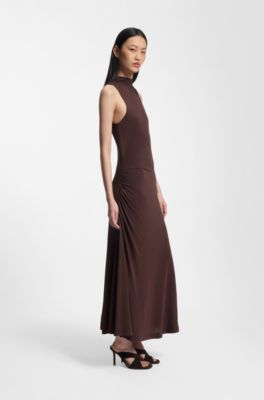 Slim-fit jersey dress with gathered details, Dark Brown