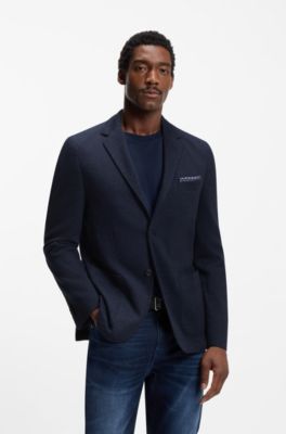 Blazer regular fit in misto cotone con lavorazione a spina di pesce, Blu scuro