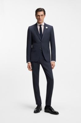 Slim-fit trousers in patterned virgin wool, Dark Blue