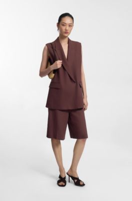 Short coupe d&eacute;contract&eacute;e en lin m&eacute;lang&eacute;, Marron fonc&eacute;