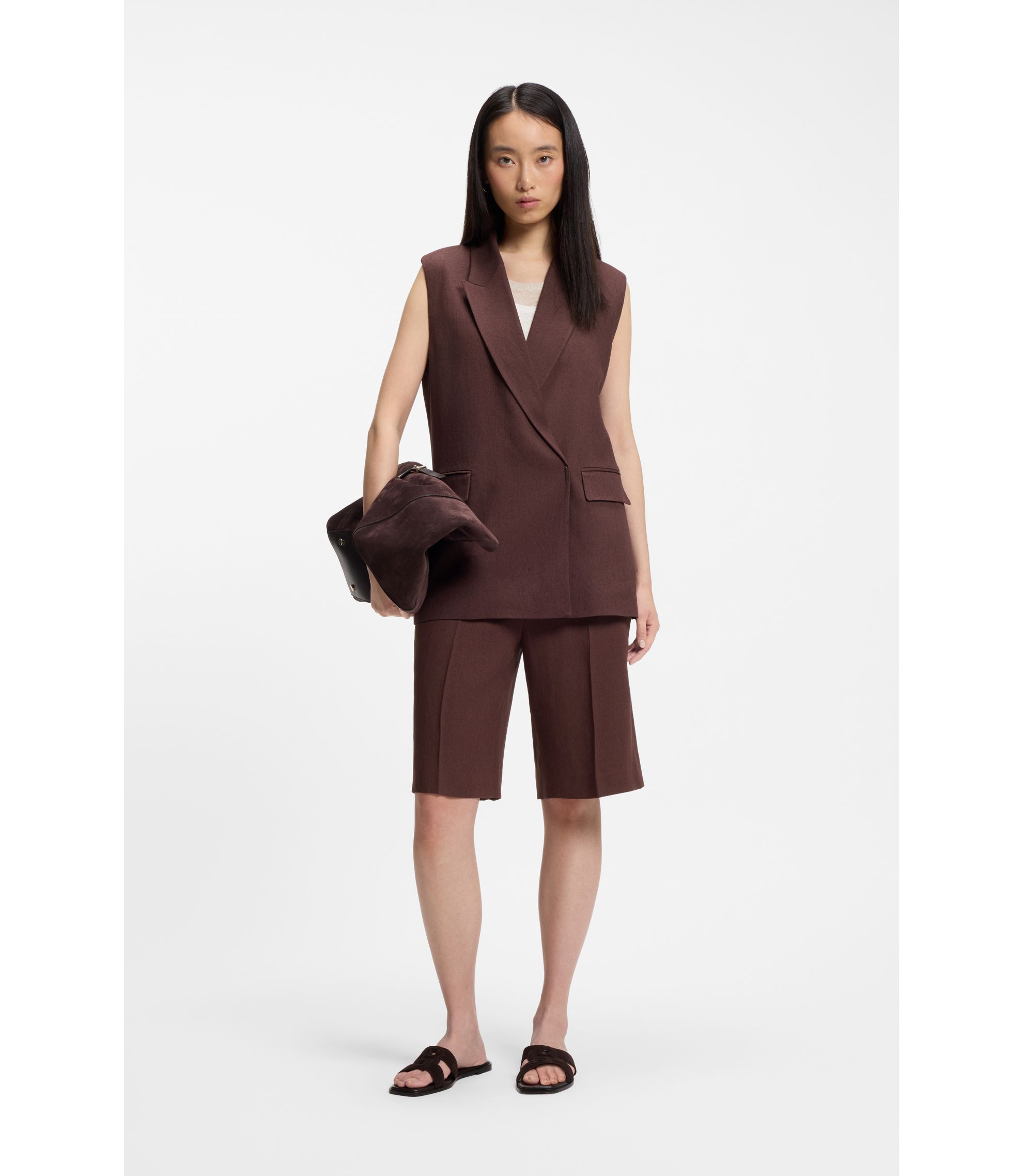 BOSS - Relaxed-fit vest in a linen blend - Dark Brown