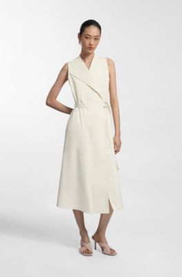 Stretch-cotton wrap dress with adjustable belt, Natural