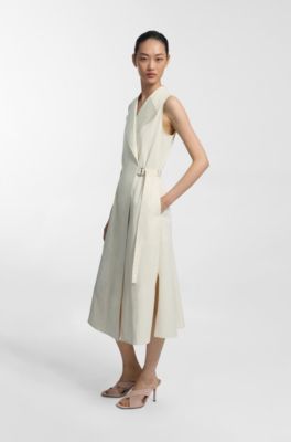 Stretch-cotton wrap dress with adjustable belt, Natural