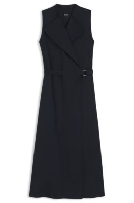 Stretch-cotton wrap dress with adjustable belt, Dark Blue