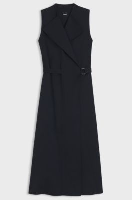 Stretch-cotton wrap dress with adjustable belt, Dark Blue