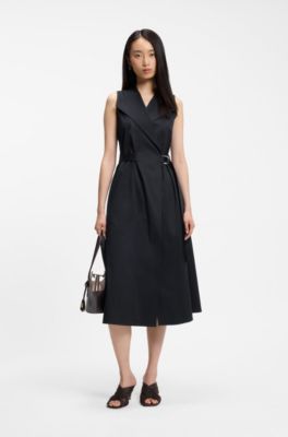Stretch-cotton wrap dress with adjustable belt, Dark Blue