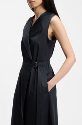 Stretch-cotton wrap dress with adjustable belt, Dark Blue