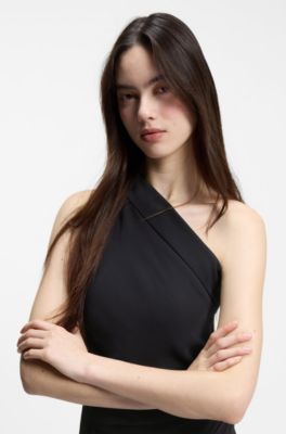 Robe &agrave; &eacute;paules asym&eacute;triques en tissu stretch, Noir