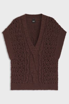 Cotton-blend knitted top with cable detailing, Dark Brown