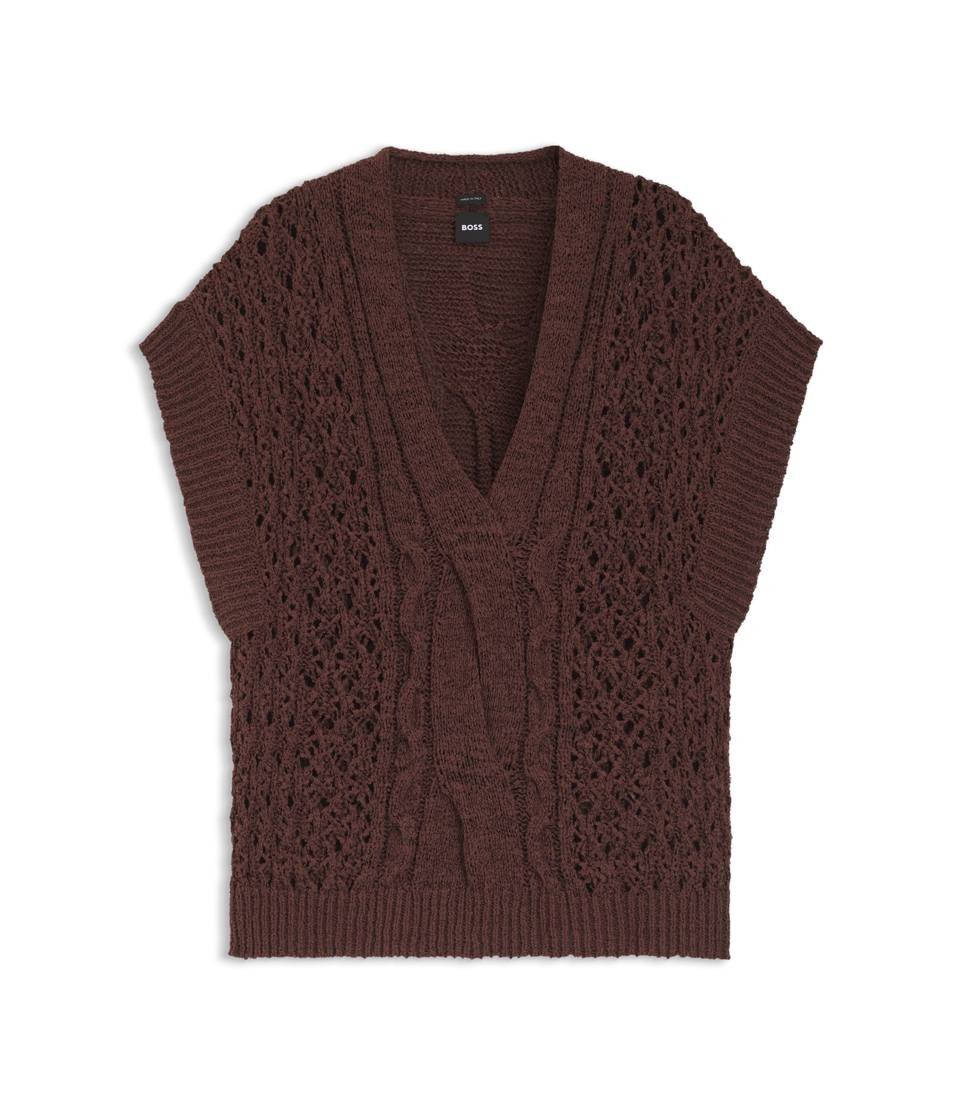 BOSS - Cotton-blend knitted top with cable detailing - Dark Brown