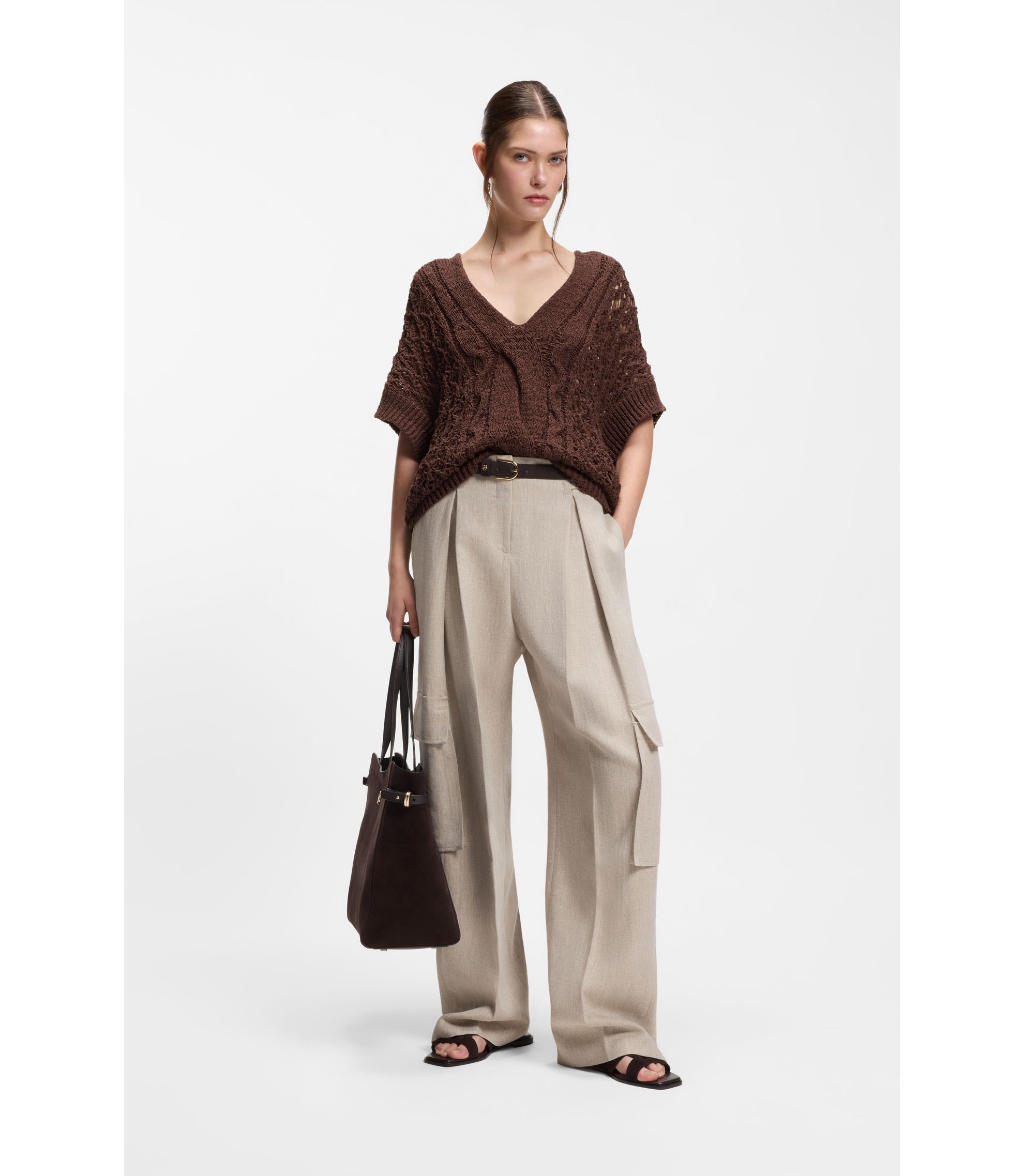BOSS - Cotton-blend knitted top with cable detailing - Dark Brown