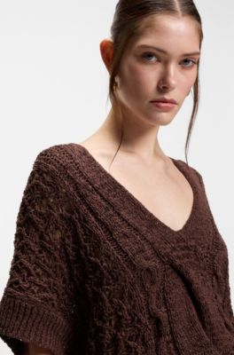 Cotton-blend knitted top with cable detailing, Dark Brown