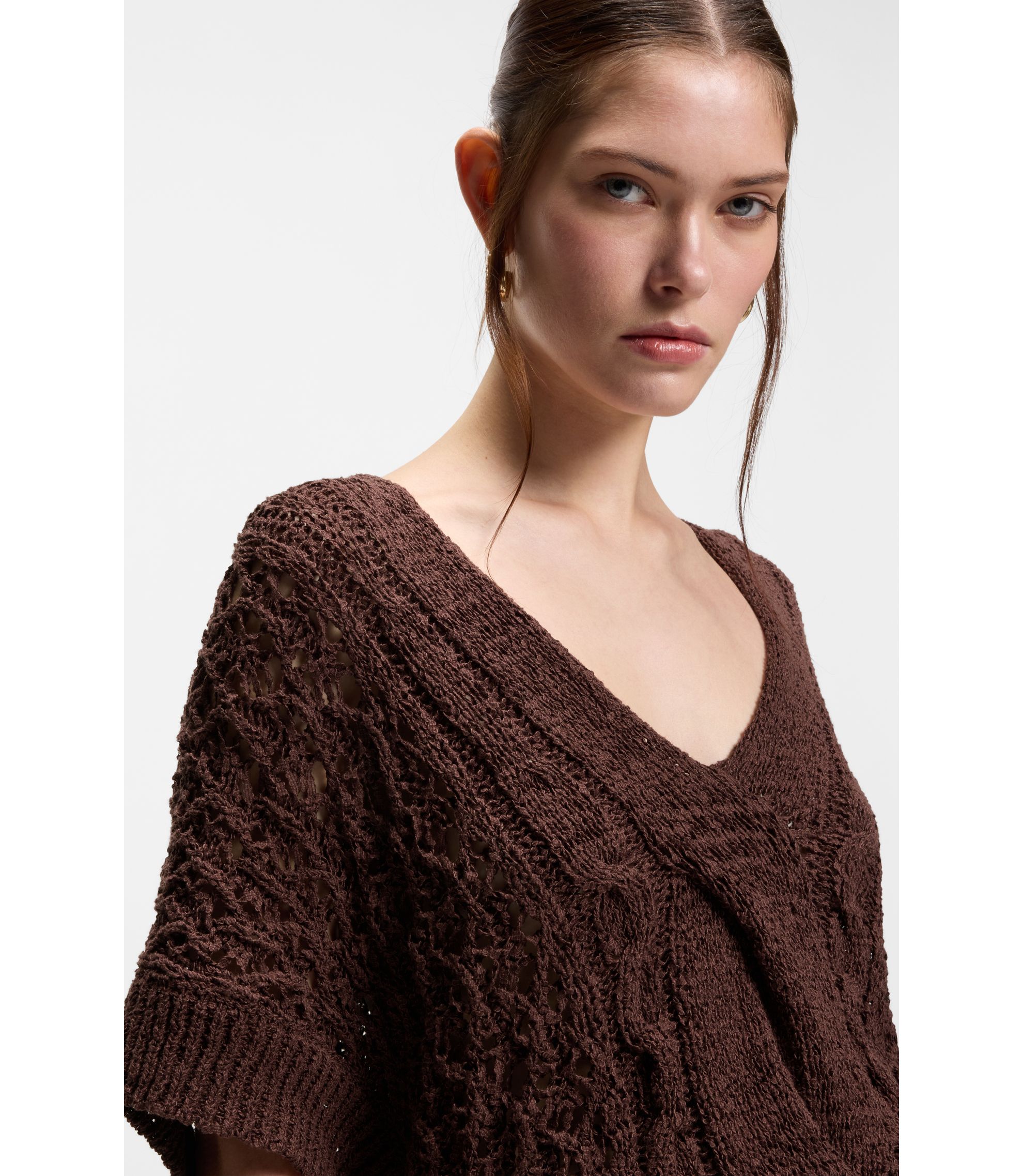 BOSS - Cotton-blend knitted top with cable detailing - Dark Brown
