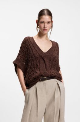 Cotton-blend knitted top with cable detailing, Dark Brown