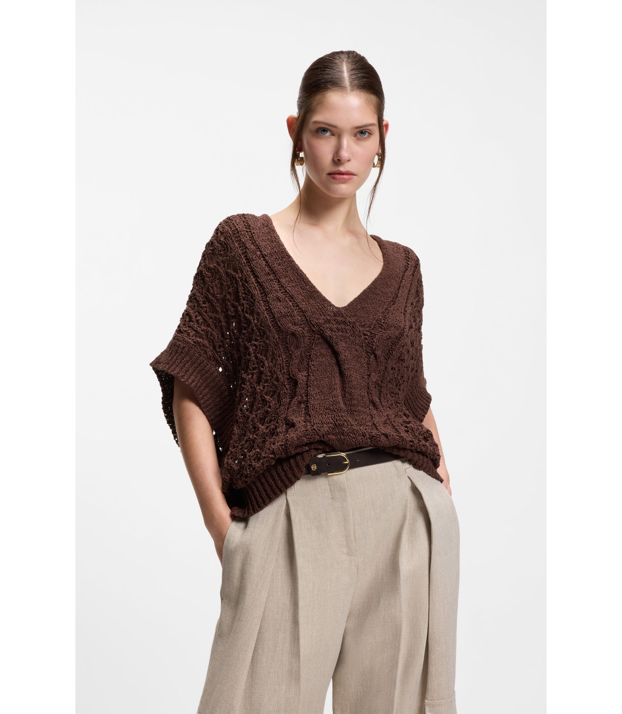BOSS - Cotton-blend knitted top with cable detailing - Dark Brown