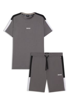 Cotton-blend pyjamas with contrast inserts, Dark Grey