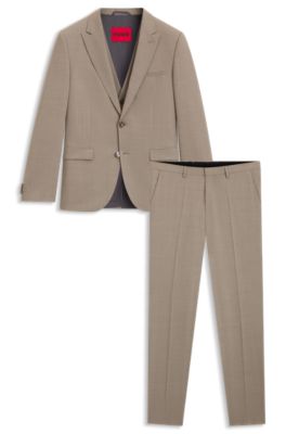 Three-piece extra-slim-fit suit in stretch dobby, Beige