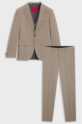 Three-piece extra-slim-fit suit in stretch dobby, Beige