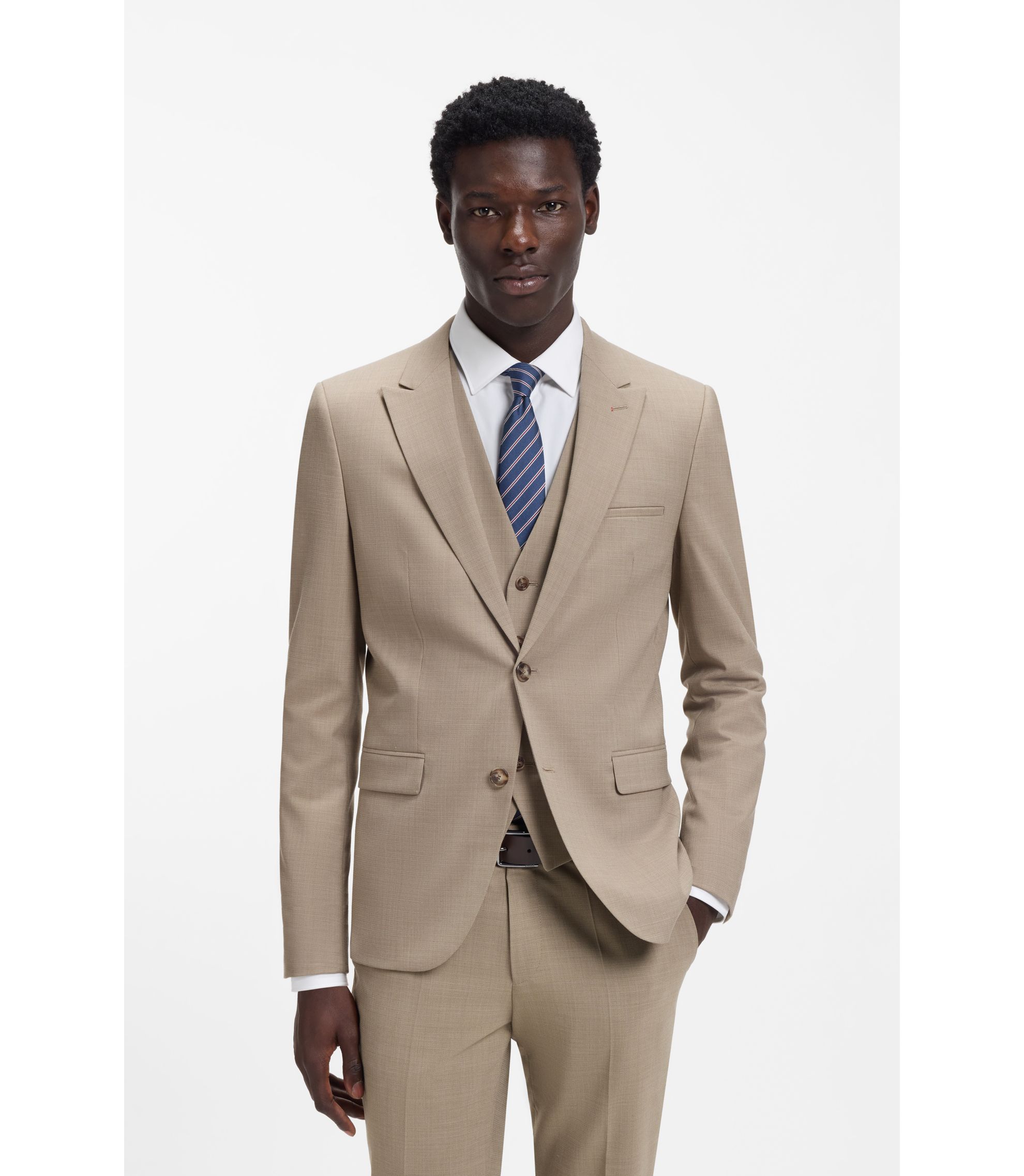HUGO - Three-piece extra-slim-fit suit in stretch dobby - Beige
