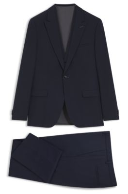 Three-piece extra-slim-fit suit in stretch dobby, Dark Blue