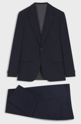 Three-piece extra-slim-fit suit in stretch dobby, Dark Blue