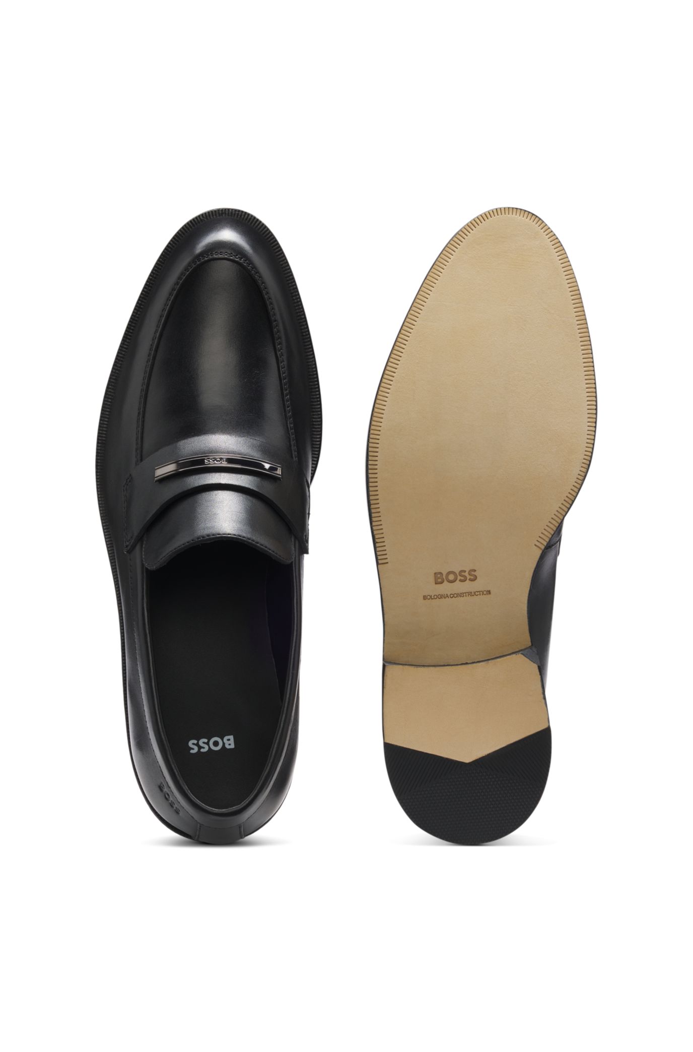 HUGO BOSS LISBON SCOTCH-GRAIN BLACK LEATHER LOAFERS WITH HARDWARE TRIM SIZE 8.5 BOSS - Leather loafers with branded metal trim - Black main image 2