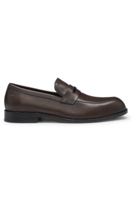 Leather loafers with branded metal trim, Dark Brown