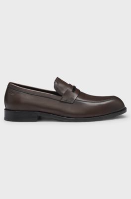 Leren loafers met metalen logodetail, Donkerbruin