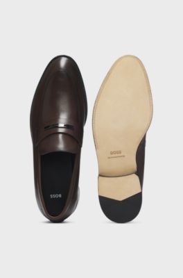 Leather loafers with branded metal trim, Dark Brown