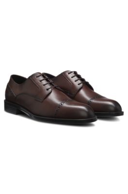 Leather Derby shoes with brogue details, Dark Brown