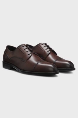 Leather Derby shoes with brogue details, Dark Brown