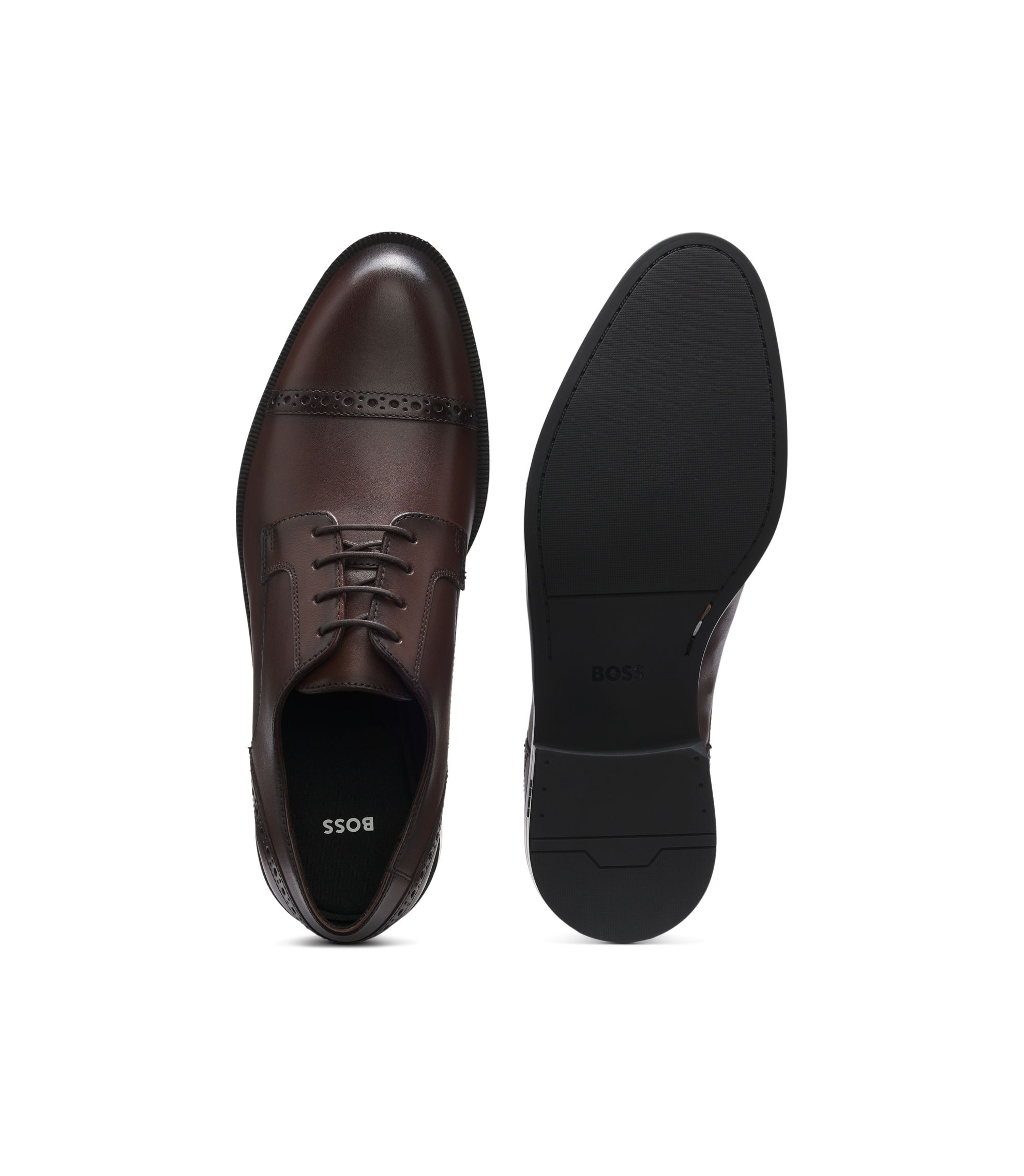 BOSS - Leather Derby shoes with brogue details - Dark Brown display picture 1