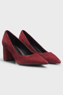 Pointed-toe pumps in suede with block heel, Brown