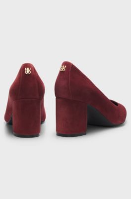 Pointed-toe pumps in suede with block heel, Brown