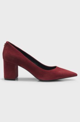 Pointed-toe pumps in suede with block heel, Brown