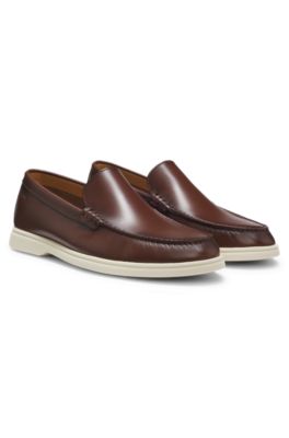 Leather moccasins with embossed logo, Brown
