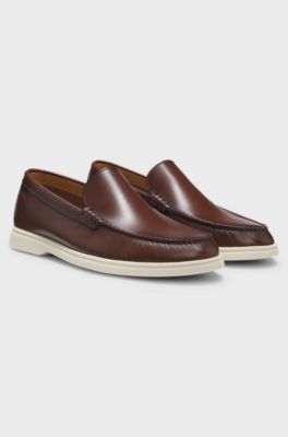 Leather moccasins with embossed logo, Brown