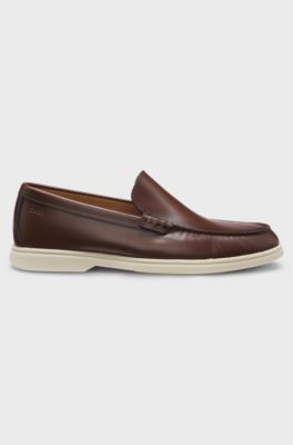 Leather moccasins with embossed logo, Brown