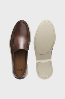 Leather moccasins with embossed logo, Brown
