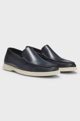 Leather moccasins with embossed logo, Dark Blue
